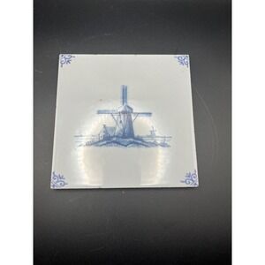 Delft Blue Tile Dutch Windmill Scene Decorative Square Tile Wall Art‎